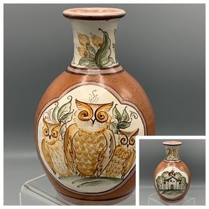 Vintage European Glazed Clay Pottery Vase 3 Owls Church Azerbaijan or Serbia